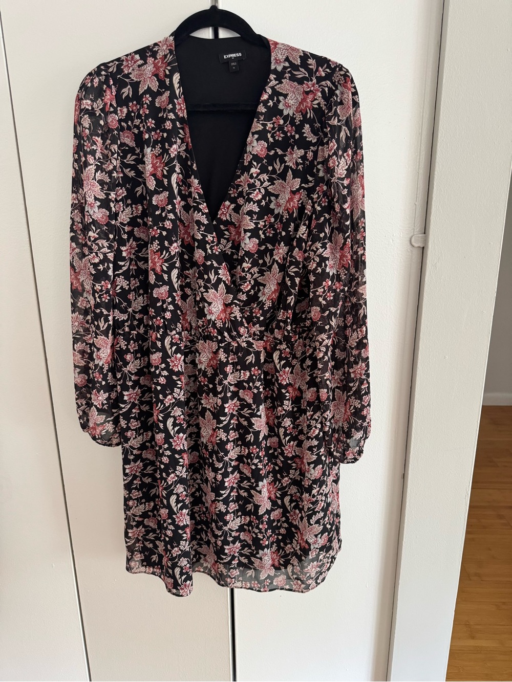 Express Black Floral Long-Sleeve Wrap Dress with Pink Accents